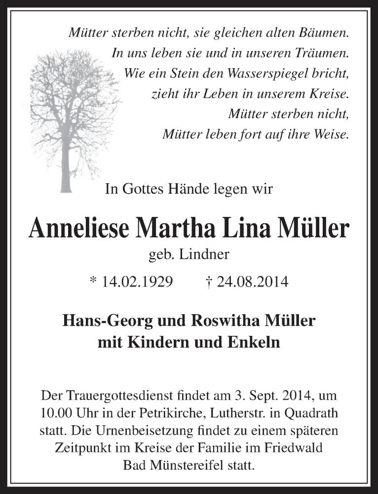  Traueranzeige für Anneliese Martha Lina Müller vom 30.08.2014 aus  Sonntags-Post 