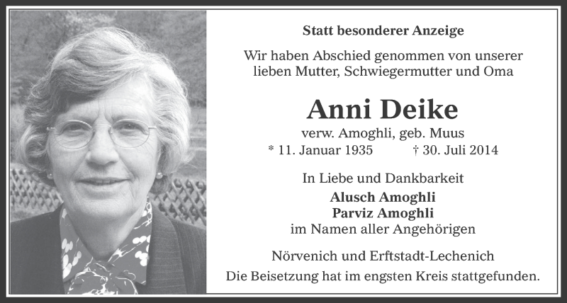  Traueranzeige für Anni Deike vom 03.09.2014 aus  Werbepost 