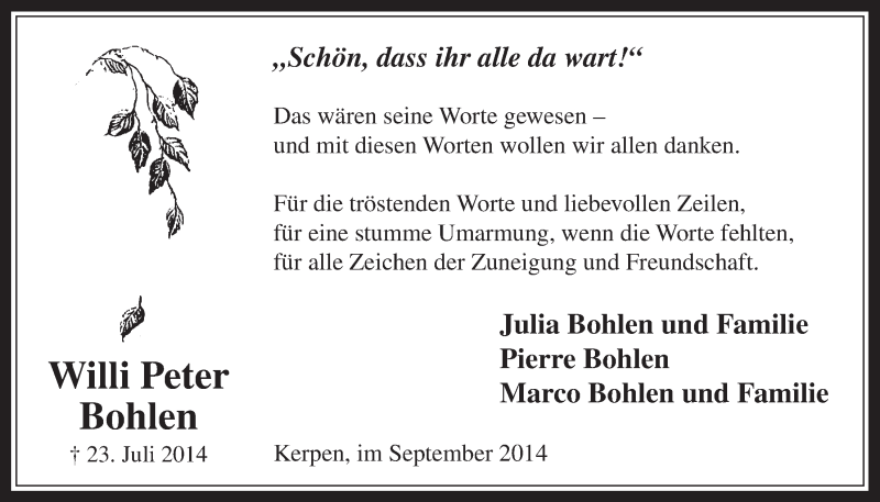  Traueranzeige für Willi Peter Bohlen vom 03.09.2014 aus  Werbepost 