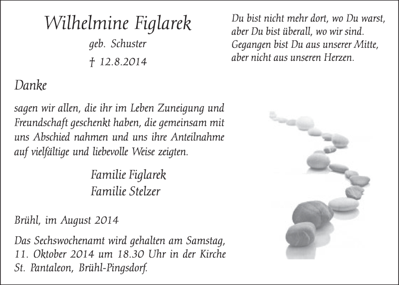  Traueranzeige für Wilhelmine Figlarek vom 24.09.2014 aus  Schlossbote/Werbekurier 