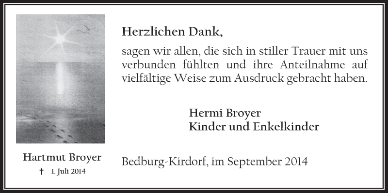  Traueranzeige für Hartmut Broyer vom 03.09.2014 aus  Werbepost 