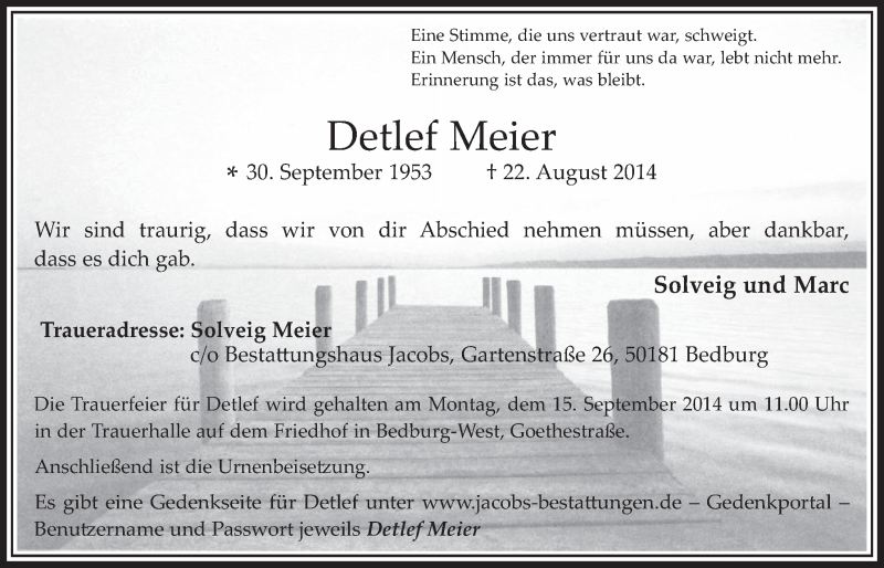  Traueranzeige für Detlef Meier vom 10.09.2014 aus  Werbepost 