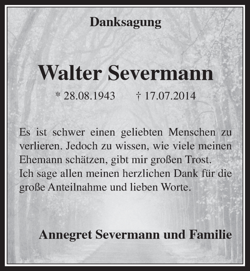  Traueranzeige für Walter Severmann vom 03.09.2014 aus  Wochenende 