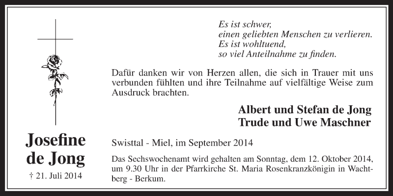  Traueranzeige für Josefine de Jong vom 03.09.2014 aus  Schaufenster/Blickpunkt 