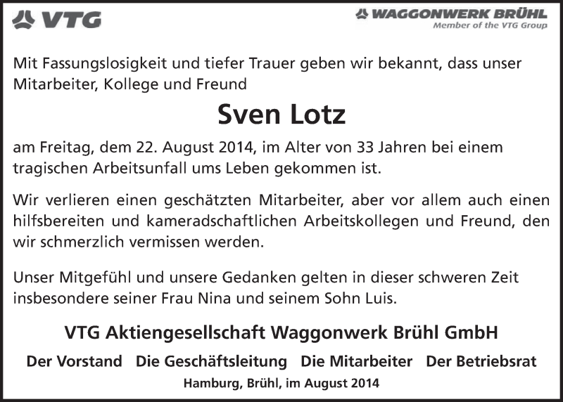  Traueranzeige für Sven Lotz vom 03.09.2014 aus  Schlossbote/Werbekurier 