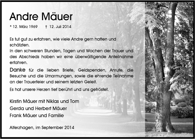  Traueranzeige für Andre Mäuer vom 03.09.2014 aus  Anzeigen Echo 