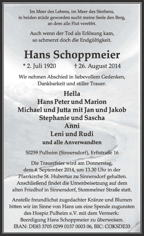  Traueranzeige für Hans Schoppmeier vom 30.08.2014 aus  Sonntags-Post 