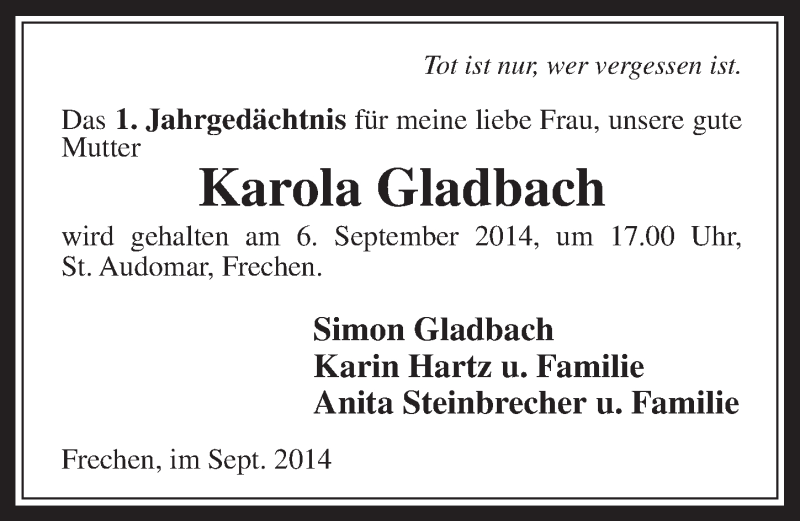  Traueranzeige für Karola Gladbach vom 03.09.2014 aus  Wochenende 