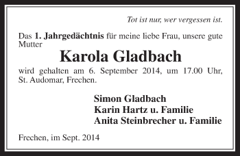 Anzeige von Karola Gladbach von  Wochenende 