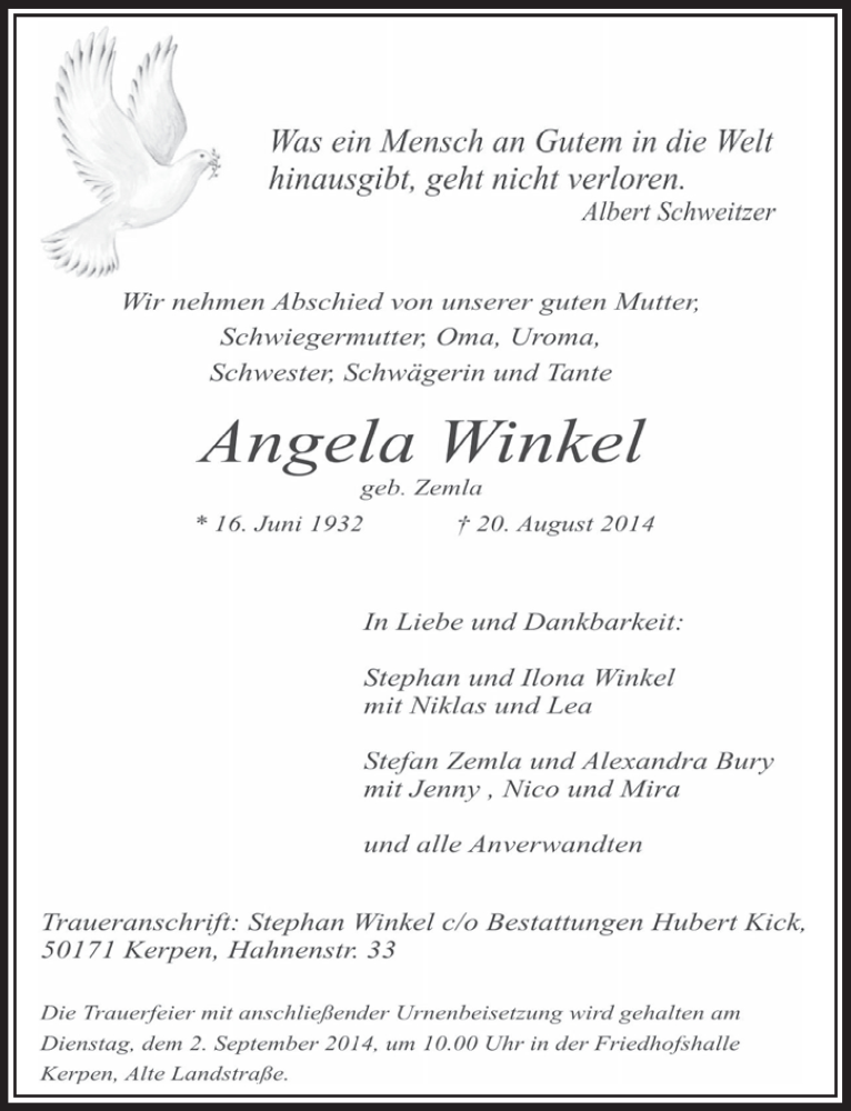  Traueranzeige für Angela Winkel vom 30.08.2014 aus  Sonntags-Post 
