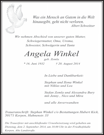 Anzeige von Angela Winkel von  Sonntags-Post 