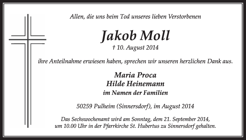  Traueranzeige für Jakob Moll vom 30.08.2014 aus  Sonntags-Post 