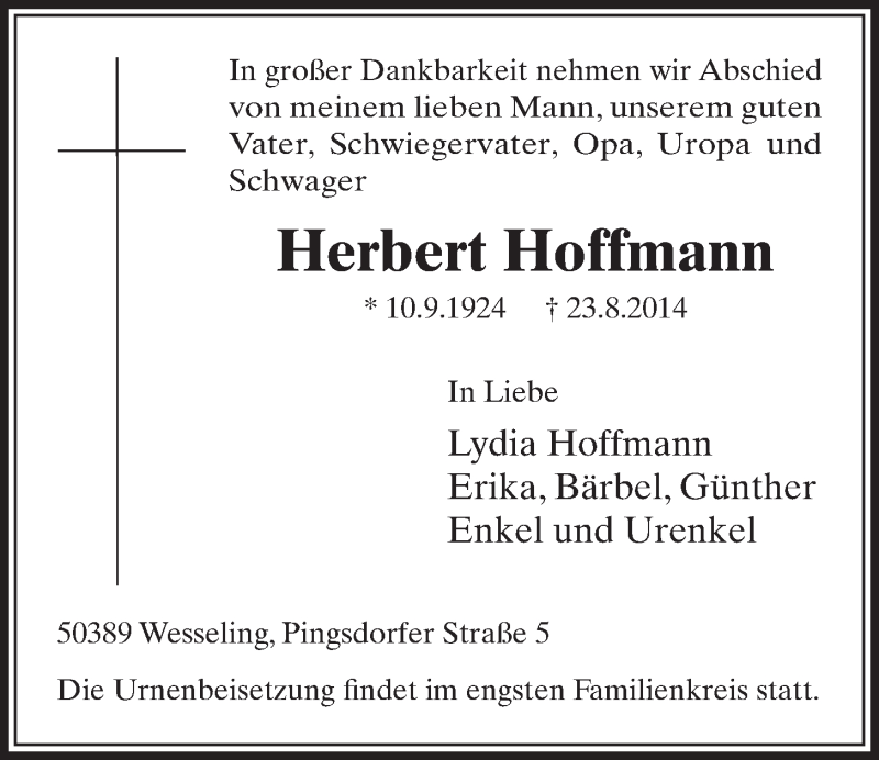  Traueranzeige für Herbert Hoffmann vom 03.09.2014 aus  Schlossbote/Werbekurier 