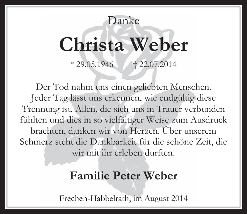  Traueranzeige für Christa Weber vom 03.09.2014 aus  Wochenende 