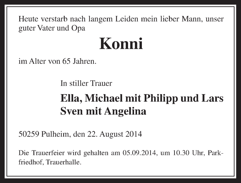  Traueranzeige für Konni  vom 30.08.2014 aus  Sonntags-Post 