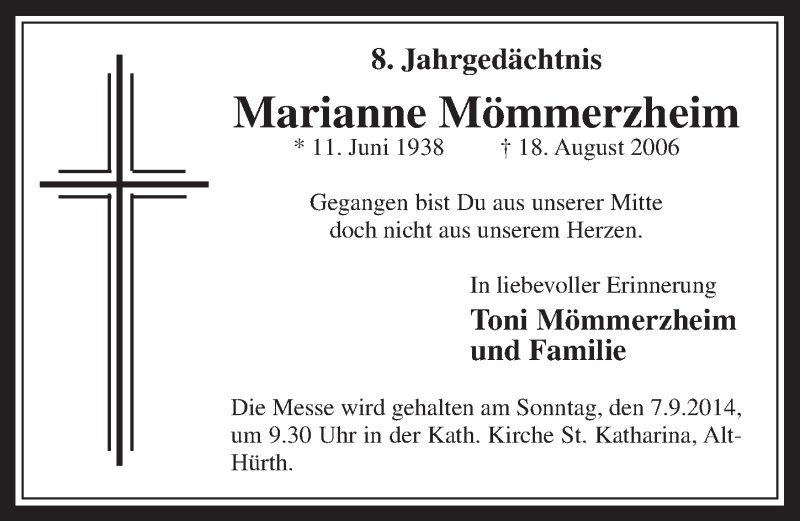  Traueranzeige für Marianne Mömmerzheim vom 03.09.2014 aus  Wochenende 