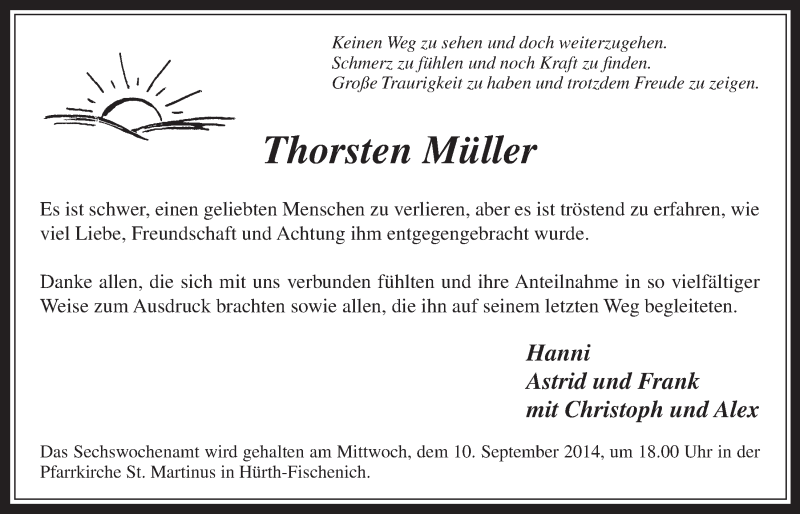 Traueranzeige für Thorsten Müller vom 03.09.2014 aus  Wochenende  Schlossbote/Werbekurier 