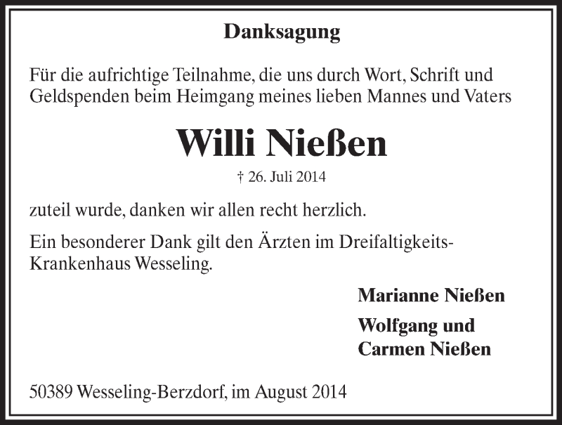  Traueranzeige für Willi Nießen vom 03.09.2014 aus  Schlossbote/Werbekurier 