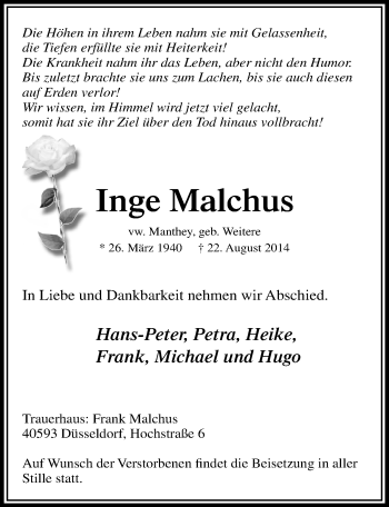 Anzeige von Inge Malchus von  Leverkusener Wochenende 