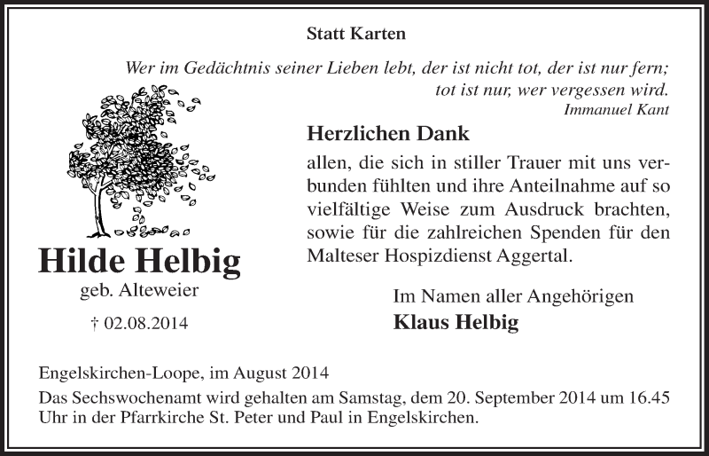  Traueranzeige für Hilde Helbig vom 03.09.2014 aus  Anzeigen Echo 