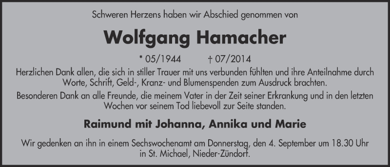  Traueranzeige für Wolfgang Hamacher vom 03.09.2014 aus  Kölner Wochenspiegel 