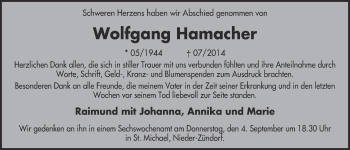 Anzeige von Wolfgang Hamacher von  Kölner Wochenspiegel 