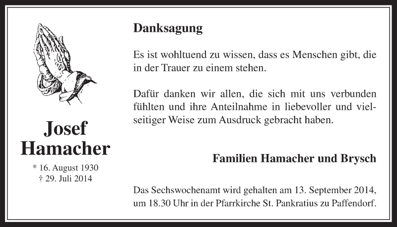  Traueranzeige für Josef Hamacher vom 10.09.2014 aus  Werbepost 