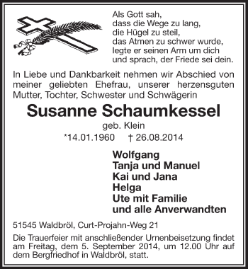 Anzeige von Susanne Schaumkessel von  Lokalanzeiger 
