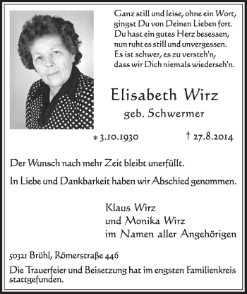 Anzeige von Elisabeth Wirz von  Schlossbote/Werbekurier 