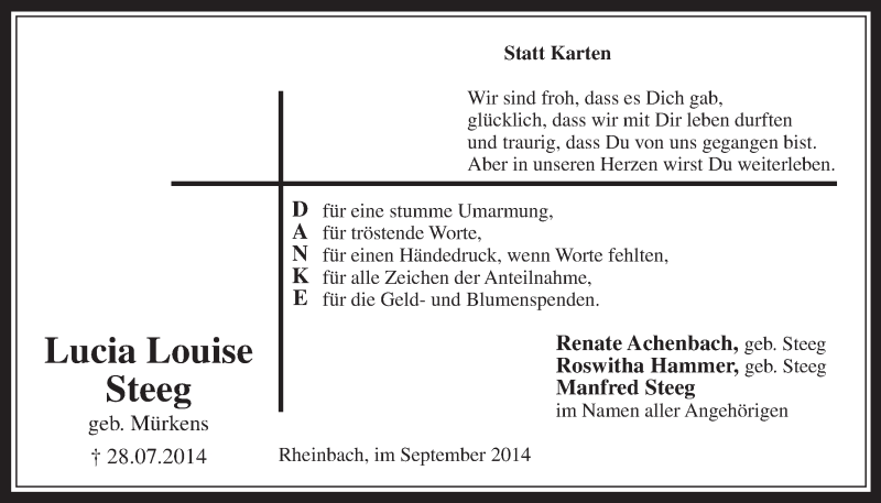  Traueranzeige für Lucia Louise Steeg vom 03.09.2014 aus  Schaufenster/Blickpunkt 