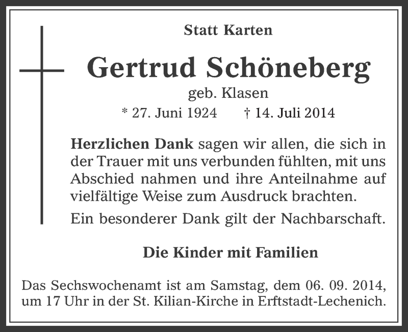  Traueranzeige für Gertrud Schöneberg vom 03.09.2014 aus  Werbepost 