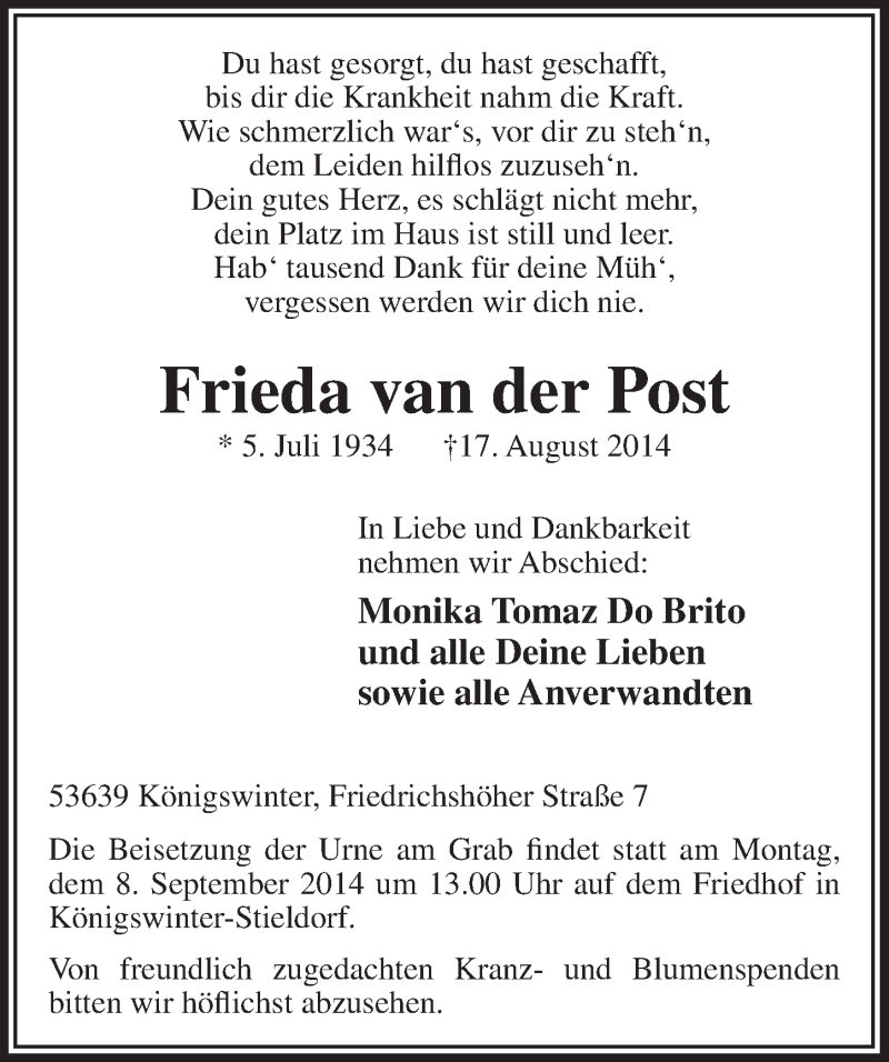  Traueranzeige für Frieda van der Post vom 03.09.2014 aus  Extra Blatt 