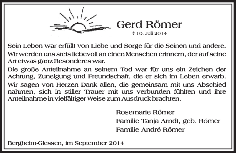  Traueranzeige für Gerd Römer vom 06.09.2014 aus  Sonntags-Post 