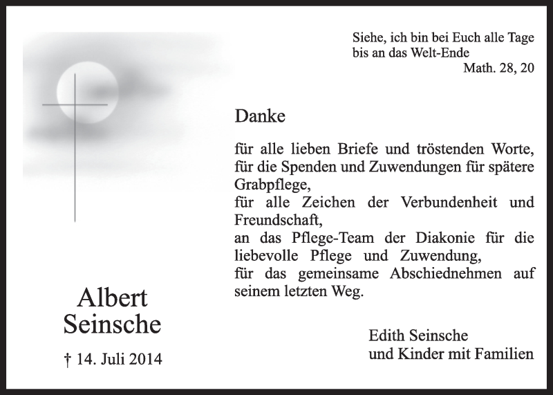  Traueranzeige für Albert Seinsche vom 03.09.2014 aus  Lokalanzeiger 