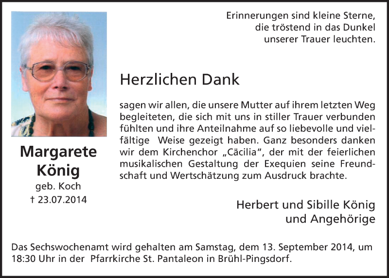  Traueranzeige für Margarete König vom 03.09.2014 aus  Schlossbote/Werbekurier 