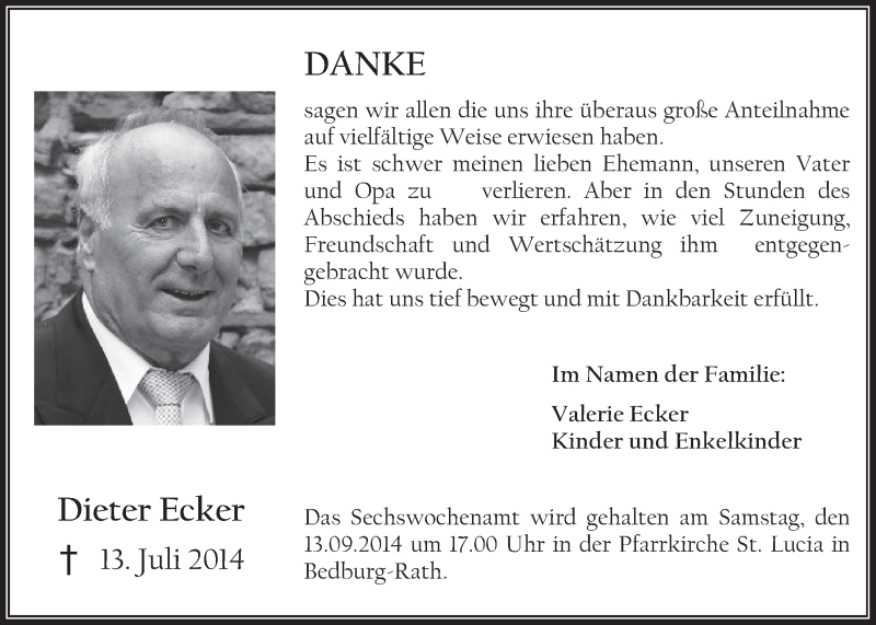  Traueranzeige für Dieter Ecker vom 03.09.2014 aus  Werbepost 