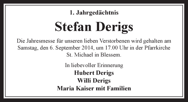  Traueranzeige für Stefan Derigs vom 03.09.2014 aus  Werbepost 