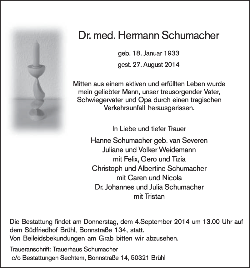  Traueranzeige für Hermann Schumacher vom 03.09.2014 aus  Schlossbote/Werbekurier 