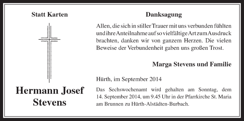  Traueranzeige für Hermann Josef Stevens vom 03.09.2014 aus  Wochenende 