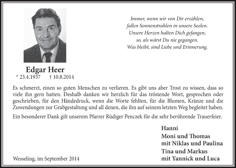  Traueranzeige für Edgar Heer vom 03.09.2014 aus  Schlossbote/Werbekurier 