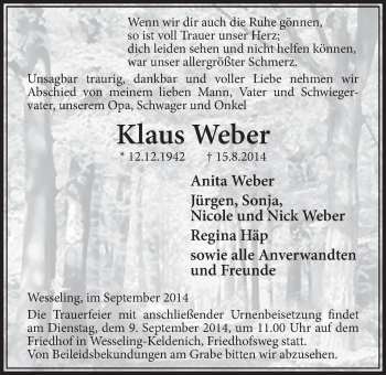 Anzeige von Klaus Weber von  Schlossbote/Werbekurier 