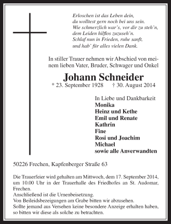 Anzeige von Johann Schneider von  Kölner Wochenspiegel 