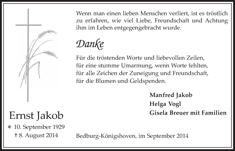  Traueranzeige für Ernst Jakob vom 10.09.2014 aus  Werbepost 