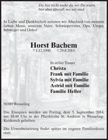 Anzeige von Horst Bachem von  Schlossbote/Werbekurier 