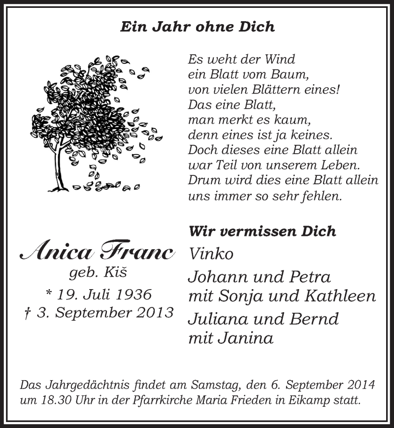  Traueranzeige für Anica Franc vom 03.09.2014 aus  Bergisches Handelsblatt 