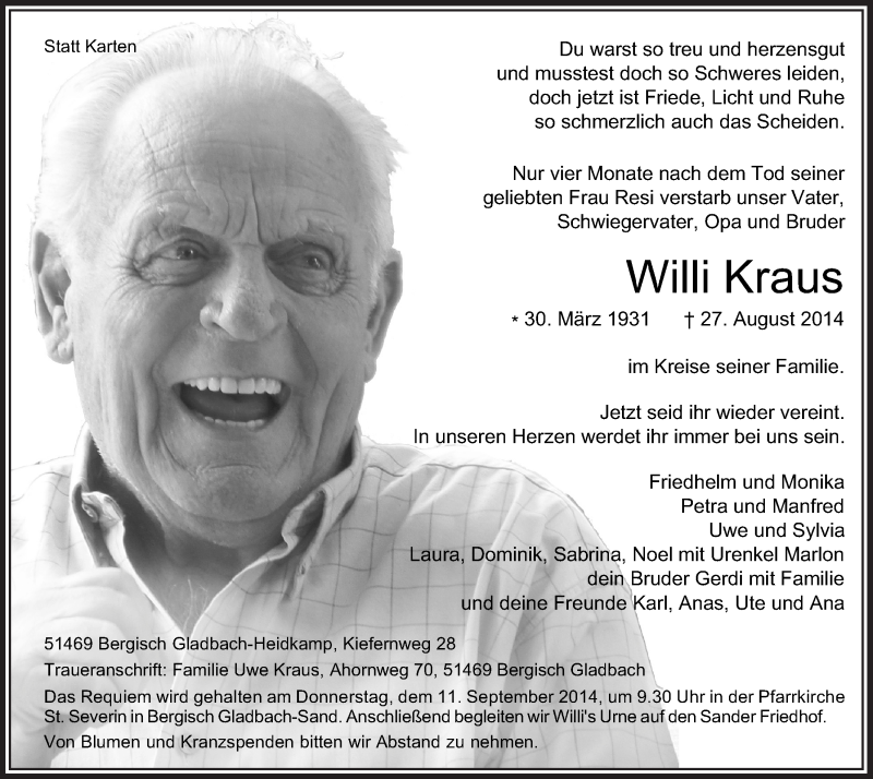  Traueranzeige für Willi Kraus vom 03.09.2014 aus  Bergisches Handelsblatt 