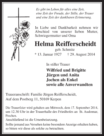 Anzeige von Helma Reifferscheidt von  Wochenende 