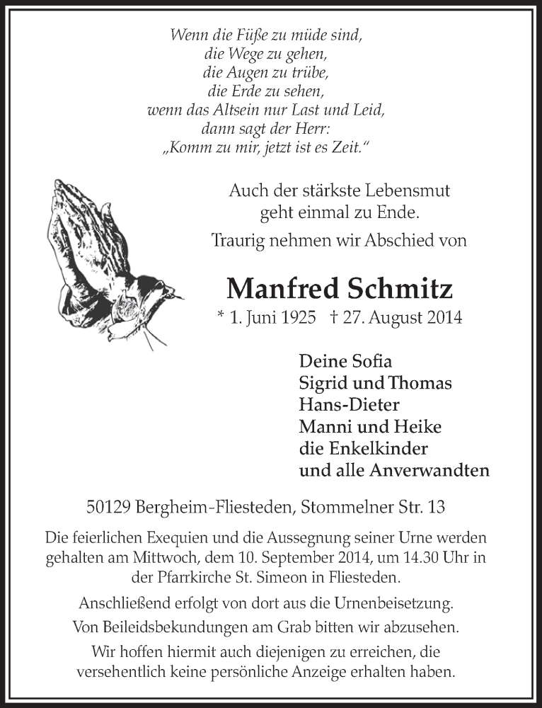  Traueranzeige für Manfred Schmitz vom 06.09.2014 aus  Sonntags-Post 
