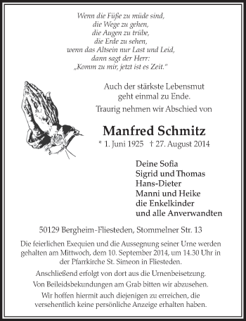 Anzeige von Manfred Schmitz von  Sonntags-Post 