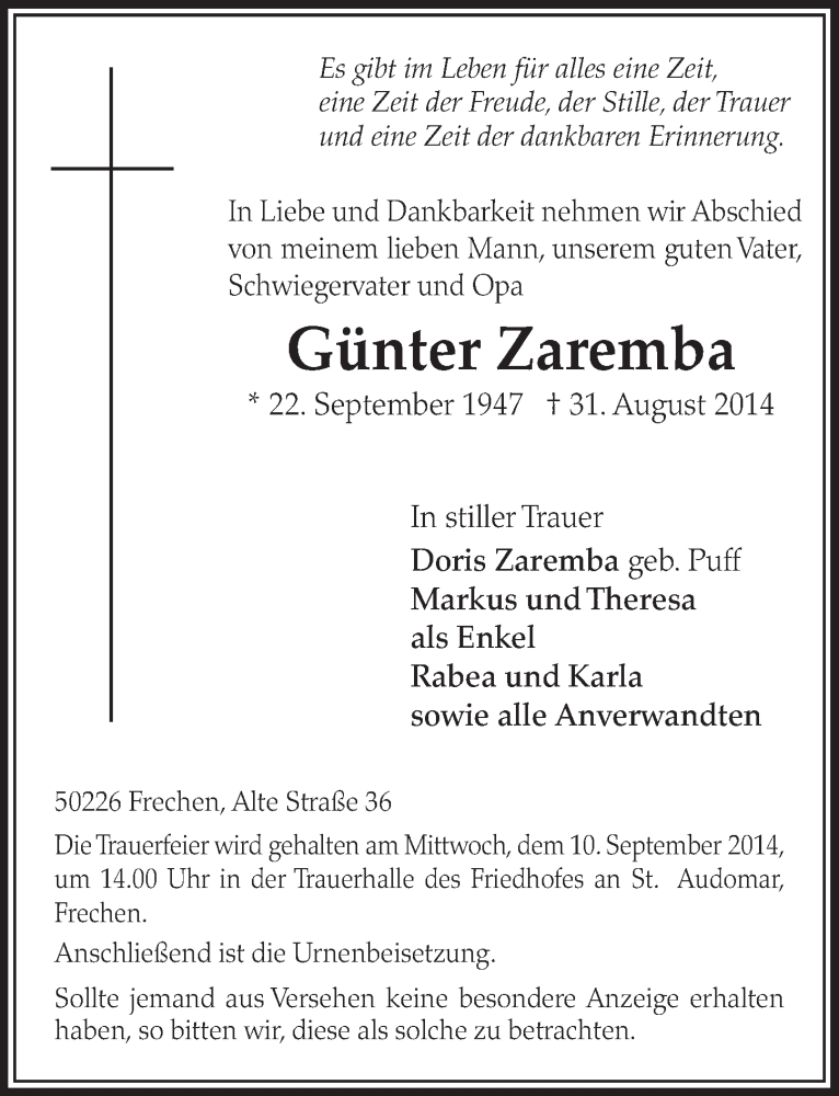  Traueranzeige für Gnter Zaremba vom 06.09.2014 aus  Sonntags-Post 
